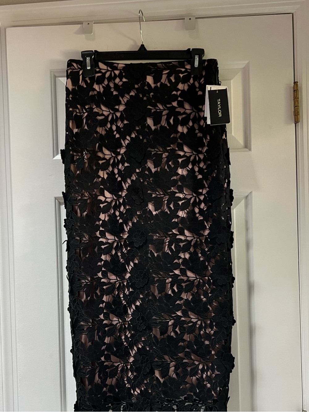 Taylor Black Floral Lace Pencil Skirt with Nude Slip